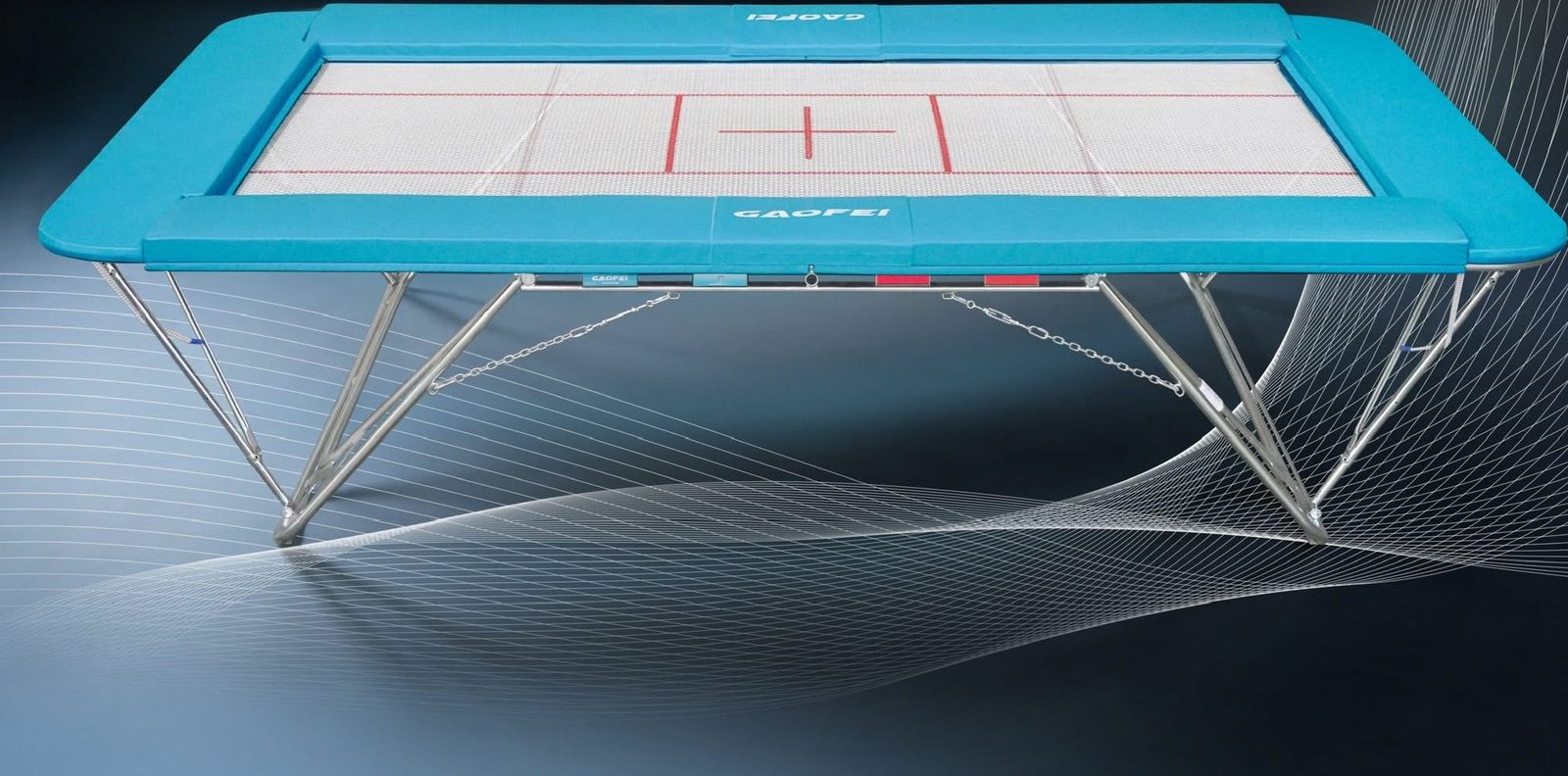 Gaofei V2271 competition trampoline with teal frame pads