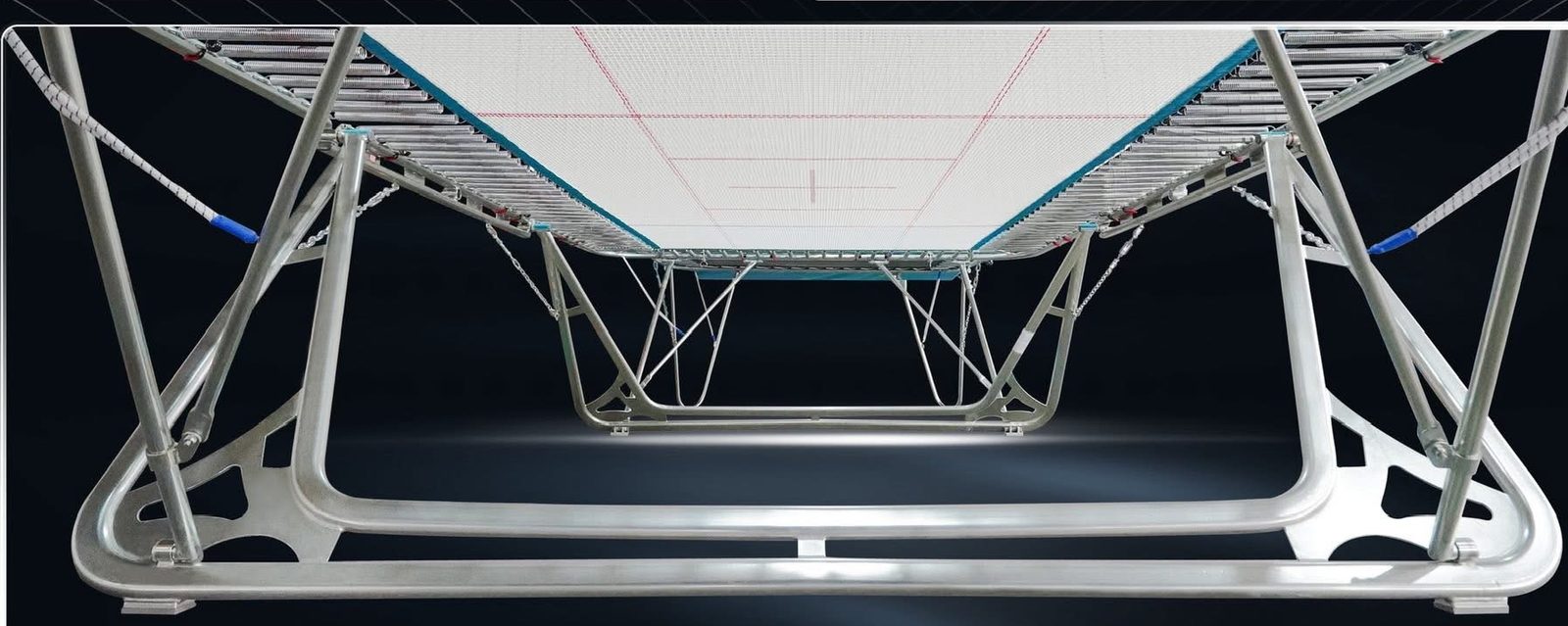 Underside of the V2271 trampoline showing the widened U-shaped frame